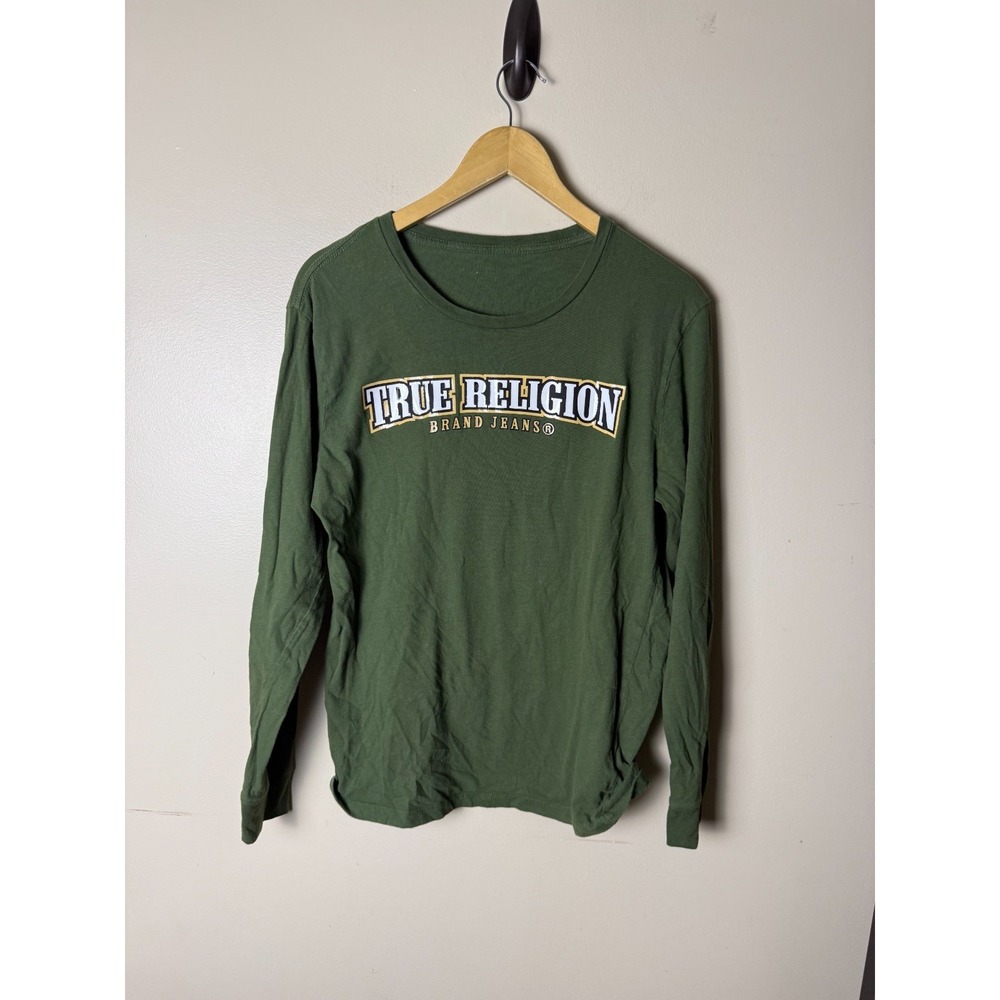 True Religion Shirt Womens S Green Long Sleeve Scoop Neck Gold Logo Graphic